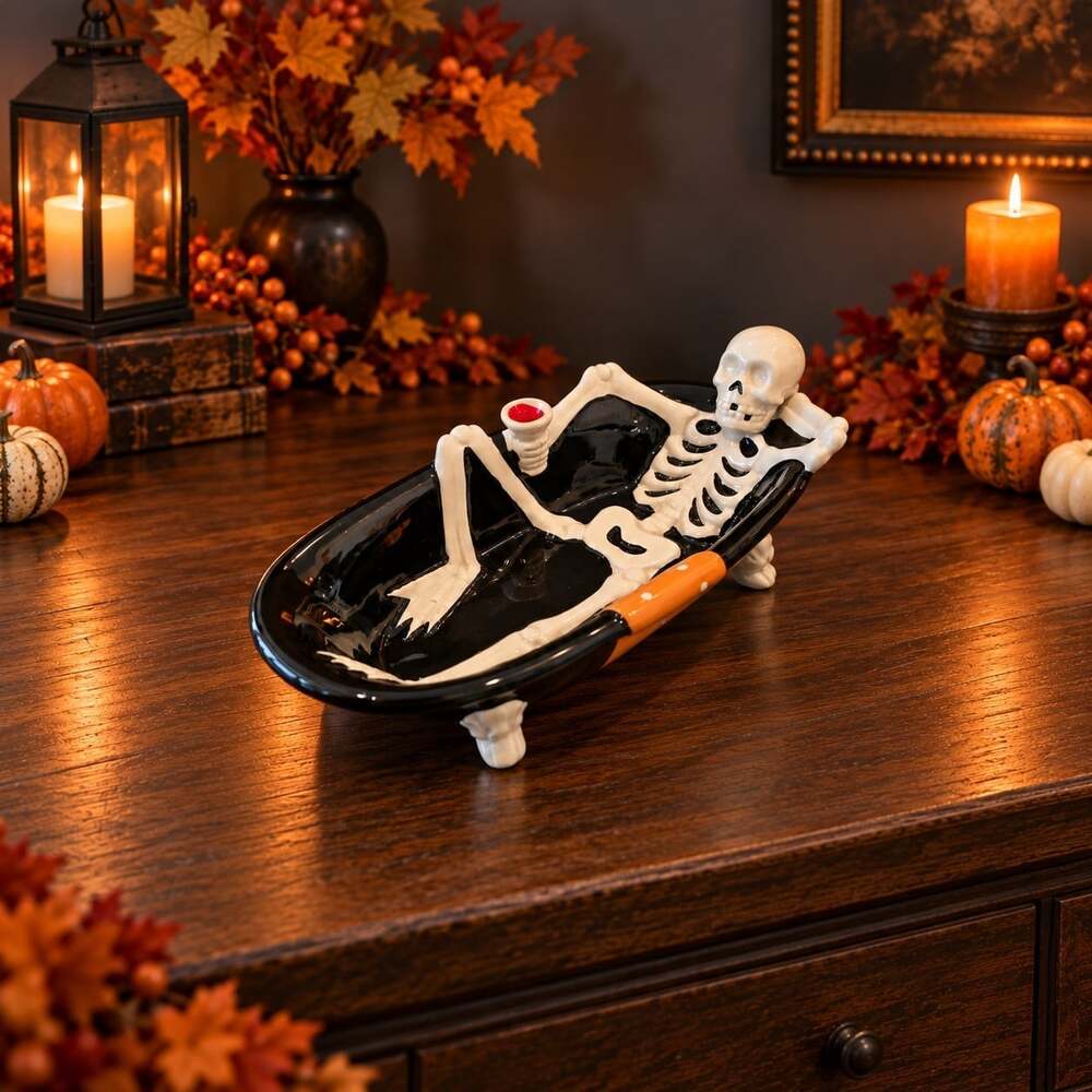 New Spooky Skeleton Laying In Tub Halloween Ceramic Candy Bowl Dish Decor